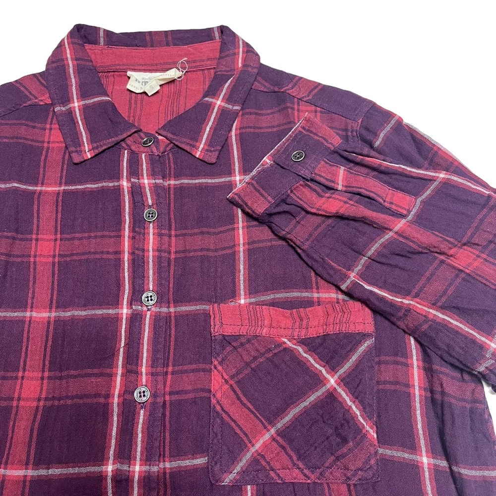 Hydraulic Denim Women S Purple Red Plaid Cotton Roll Tab Button Down Top Western